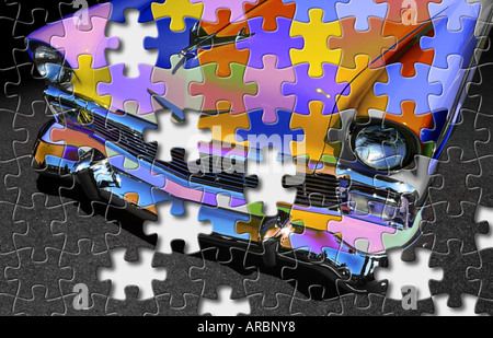Eklektische Komposition mit front-End des spektakulären Chevrolet 1956 und Jig-Saw Puzzle-Teile Stockfoto