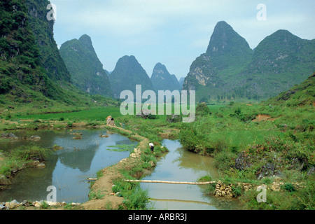 In Guilin Türme Bewässerungskanal unter Reisfelder im Gebiet von Kalkstein, Yangshuo, Provinz Guangxi, China Stockfoto