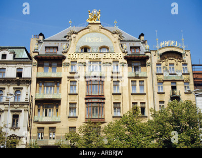 Die Jugendstil-Fassade des Grand Hotel d ' Europe, Wenzelsplatz, Prag, Tschechische Republik, Europa Stockfoto