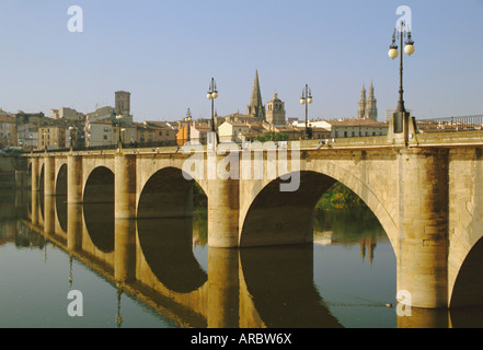 Puente de Piedra, John Ortega, über Rio Ebro (Fluss Ebro), Logrono, Camino de Santiago, La Rioja, Kastilien und Leon, Spanien Stockfoto
