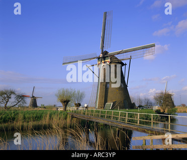 Windmühlen entlang des Kanals, Kinderdijk, UNESCO-Weltkulturerbe, Holland (Niederlande), Europa Stockfoto
