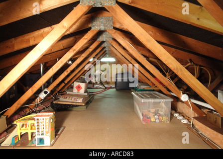 Wohnraum Loft mit niedrigem Dachabstand, zeigt fabrikgefertigte Holzdachträger und mdf-Boarding zum zentralen Gangway Lager Haushaltsgegenstände Stockfoto