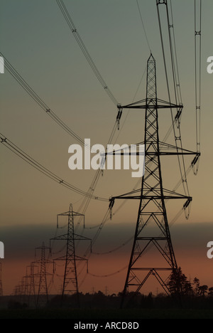 National Grid Pylonen und obenliegenden Stromleitungen macht quer öffnen Ackerland in der Nähe von Kernkraftwerk Sizewell Stockfoto