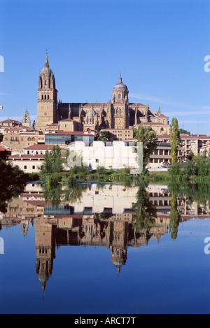 Die alte und neue Kathedrale, spiegelt sich im Wasser des Rio Tormes (Fluss Tormes), Salamanca, Kastilien-León (Kastilien), Spanien Stockfoto