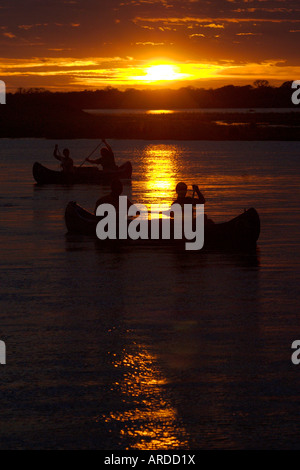 Touristen genießen die einzigartige und spektakuläre Erfahrung einer Kanu-Safari auf dem Zambezi River, Simbabwe. Stockfoto