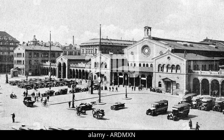 Geografie/Reisen, Deutschland, München, Transport/Transport, Eisenbahn, Hauptbahnhof, Außenansicht, 1920er Jahre, Stockfoto