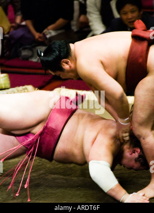 Ein Sumo-Ringer ist im Stadium Ryogoku in Tokio geworfen. Stockfoto