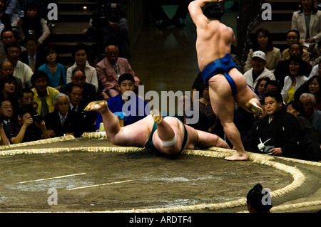 Ein Sumo-Ringer ist im Stadium Ryogoku in Tokio geworfen. Stockfoto