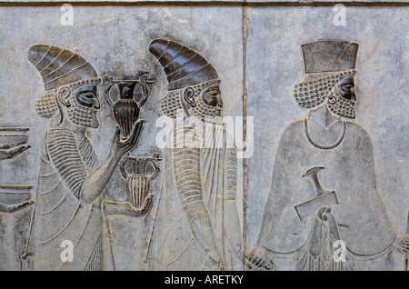 Geschnitzte Flachreliefs, die Gesandten der Thema Nationen von Persien bringen Geschenke Persepolis Iran Darstellung Stockfoto