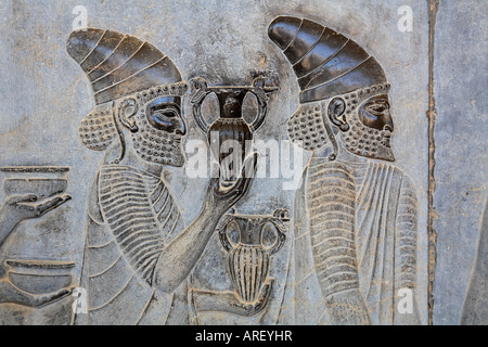 Geschnitzte Flachreliefs, die Gesandten der Thema Nationen von Persien bringen Geschenke Persepolis Iran Darstellung Stockfoto