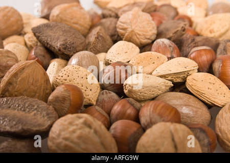 Verschiedene Arten von Nüssen in Muscheln, die auf dem amerikanischen Bauernmarkt verkauft werden Nahaufnahme von oben Unschärfe Hintergrund Niemand horizontal in den USA US Hi-res Stockfoto