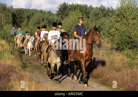 Gruppe von Mädchen und ihre Pferde Reiten in der Heide Stockfoto