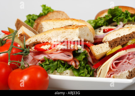 Eine Platte mit Sandwiches mit Gemüsegarnitur auf dem Esstisch Focaccia Bread and Bagel von oben in den USA Hi-res Stockfoto