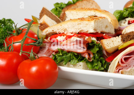 Eine Platte mit Sandwiches mit Gemüsegarnitur auf dem Esstisch Focaccia Bread and Bagel von oben in den USA Hi-res Stockfoto