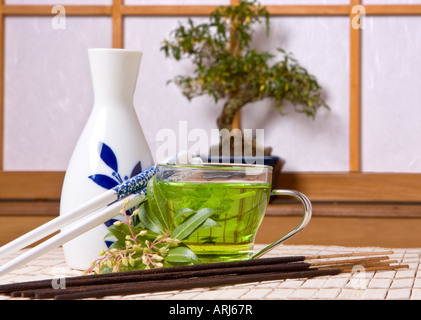 Willen, grüner Tee, Weihrauch und Bonsai Baum gegen eine traditionelle japanische Shoji-Fenster Stockfoto
