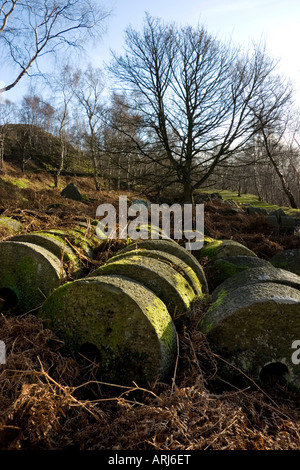 Verlassenen Mühlstein Bole-Hill-Steinbruch in der Nähe von Hathersage, in der Peak District National Park, derbyshire Stockfoto