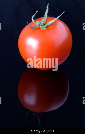 Ein frisches Bio Tomaten mit seinen Stiel befestigt auf einem schwarzen reflektierenden Hintergrund Stockfoto