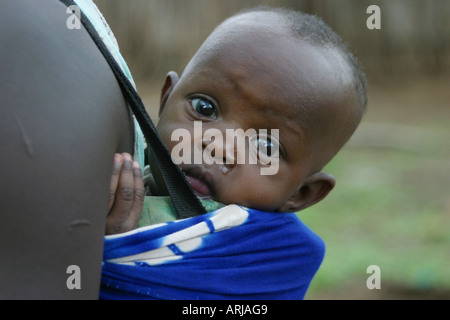 Toposa Kind trägt auf dem Rücken, Porträt, Sudan Stockfoto