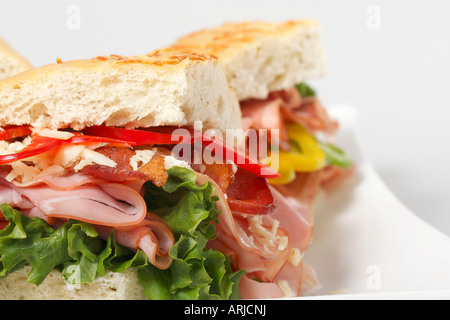 Querschnitt von Focaccia Brotsandwiches mit Schinken Rotem Salat Käse auf Teller Schüssel halbiert Nahaufnahme von vorne horizontal niemand Hi-res Stockfoto