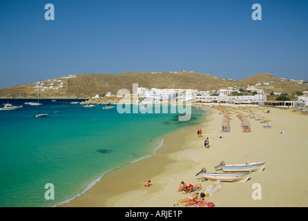 Plati Yialos Beach, Mykonos, Kykladen, Griechenland, Europa Stockfoto