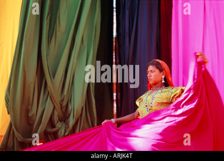 Sari Textilfabrik, Rajasthan, Indien Stockfoto