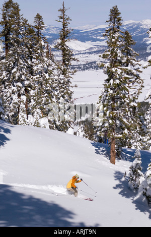 Erhöhte Ansicht einer Frau Skifahren auf Schnee, Lake Tahoe, Kalifornien, USA Stockfoto