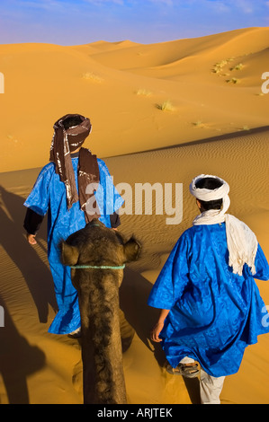 Reiten Sie ein Kamel mit zwei Berber Führer, die in der Wüste für eine Reise in die Sahara Erg Chebbi-Dünen Marokko zu Fuß Stockfoto