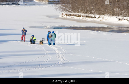 Gruppe von Menschen Eisfischen weißen Fisch am Fluss Oulujoki in Winter, Finnland Stockfoto