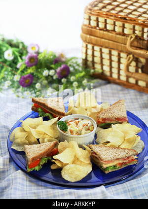 Picknick: Platte mit Club-Sandwich, Chips und Krautsalat Stockfoto