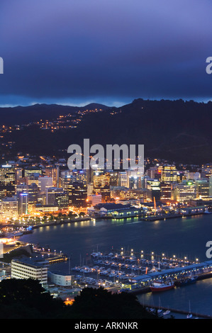 Panorama des Stadtzentrums in der Nacht, mit Blick auf Oriental Bay und Wellington Harbour, Wellington, Nordinsel, Neuseeland Stockfoto