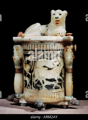 Lackiert-Alabaster Salbe Glas mit Jagdszene, mit dem König als ein Löwe aus dem Grab des Pharaos Tutanchamun Stockfoto