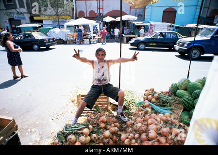 Zwiebeln für den Verkauf in die größte Gemüsemarkt in der Stadt, Santiago, Chile, Südamerika Stockfoto