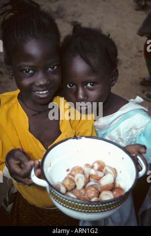 Matameye, Niger, Westafrika. Nigrischen Mädchen bietet Doum Palm Früchte, Hyphaene Thebaica. Stockfoto