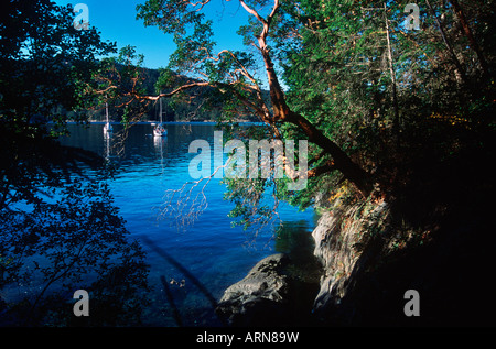 Boote in Gulf Islands National Park, in der Nähe von Saltspring, British Columbia, Kanada, Arbutus, Russell Insel verankert. Stockfoto