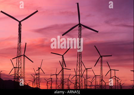 Windmühlen bei Sonnenuntergang, Britisch-Kolumbien, Kanada. Stockfoto