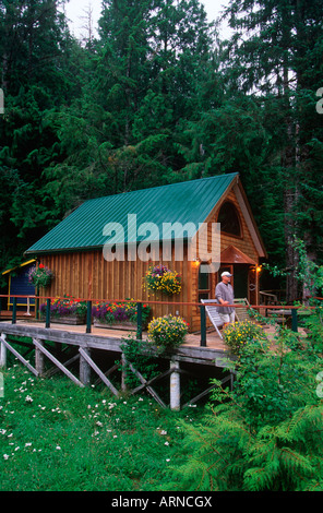 Nimmo Bay Heli Ventures Lodge, Central Coast - Gästekabine mit Insassen, Britisch-Kolumbien, Kanada. Stockfoto