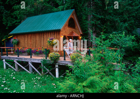 Nimmo Bay Heli Ventures Lodge, Central Coast - Gästekabine mit Insassen, Britisch-Kolumbien, Kanada. Stockfoto