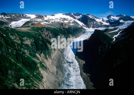 Nimmo Bay Heli Ventures Lodge - Antennen der umliegenden Küste Bereich Landschaft - Gletscher, Britisch-Kolumbien, Kanada. Stockfoto