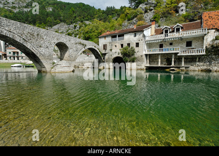 Historische Steinbrücke in Rijeka Crnojevica am Skutari-See, Montenegro Stockfoto