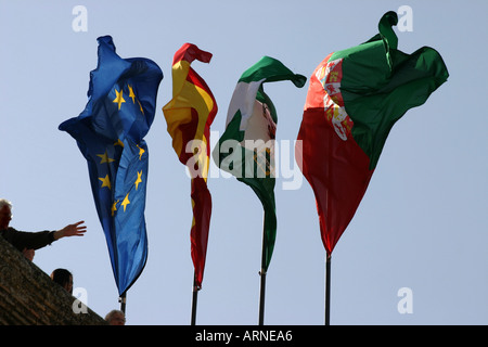 Griff nach Europa eine Hand greift nach der europäischen Flagge in einer Reihe von vier, die die andalusische und spanische Flaggen gehören Stockfoto