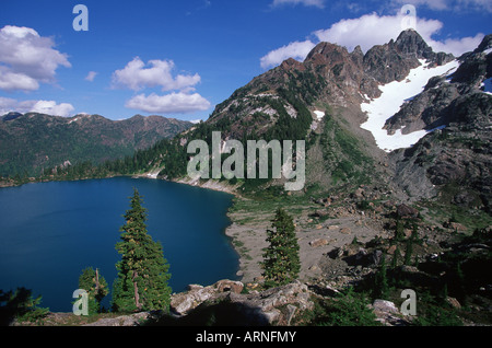 Strathcona Provincial Park, Sahne See mit Mt. Septimus, Vancouver Island, British Columbia, Kanada. Stockfoto