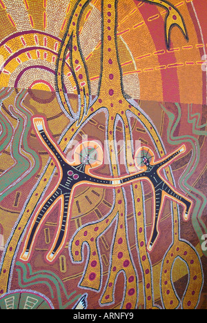 Australien Aborigine-Kunst Traum Zeit Erde Dot Paint Australien Ozeanien Kulturerbe zeigen braune Erde Kreis Stockfoto