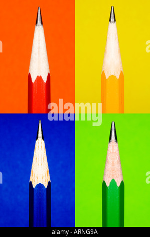 Vier spitzen Bleistift, Nahaufnahme, vierfarbig, Stilleben Stockfoto