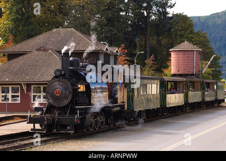 Alberni Pacific Railway Dampflok, die läuft bis McLean Mill, Port Alberni, Vancouver Island, British Columbia, Kanada. Stockfoto