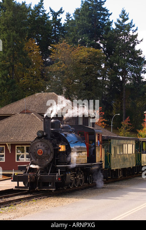 Alberni Pacific Railway Dampflok, die läuft bis McLean Mill, Port Alberni, Vancouver Island, British Columbia, Kanada. Stockfoto