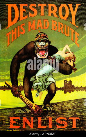 Zerstöre diese Mad Brute 1917 Hopps Rekrutierung Plakat für Nordamerika, beachten Sie, dass der Verein von der Hunne hat Kultur, Gewinnen Jetzt Stockfoto