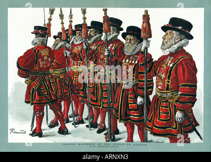 Die Yeoman Warders des Tower of London in voller Montur Beefeaters A Victorian-print Stockfoto