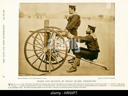 Naval Gun-Praxis mit einem Maxim-Maschinengewehr an der Naval Gunnery School auf Whale Island Portsmouth im Jahre 1896 Stockfoto