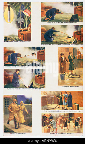 Blitz Zigarette Karten 1940 Teil einer Reihe von Kriegszeiten Karten geben Hinweise zum Umgang mit Brandbomben Stockfoto