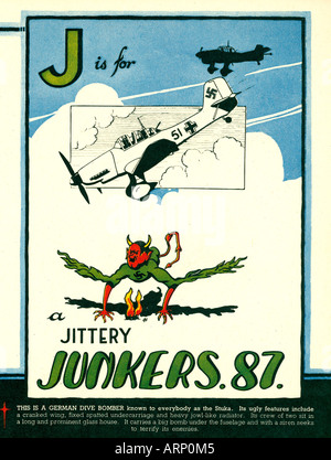 J steht für Junkers 87 1943 englische Kriegszeit Alphabet Kinderbuch von Flugzeugen der deutschen Sturzkampfbomber aka die Stuka Stockfoto